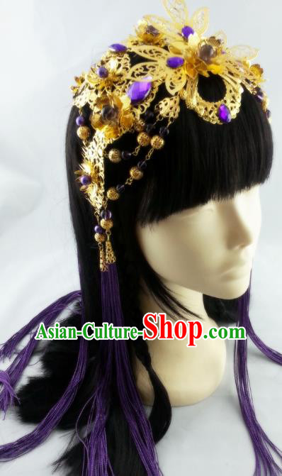 China Ancient Queen Tassel Hair Accessories Handmade Traditional Cosplay Goddess Golden Hair Crown China Ancient Queen Tassel Hair Accessories Handmade Traditional Cosplay Goddess Golden Hair Crown