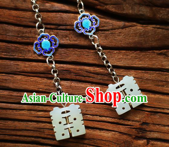 China Traditional Cheongsam Cloisonne Silver Ear Accessories National Wedding Jade Earrings