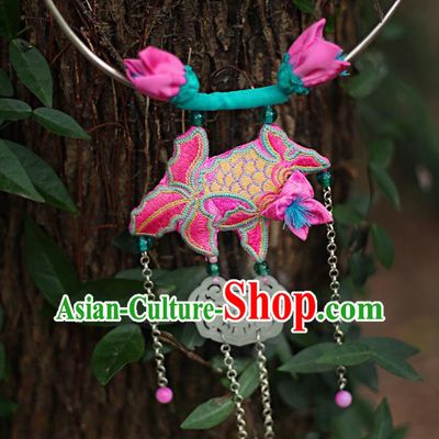 Chinese National Embroidered Pink Goldfish Necklace Miao Ethnic Jade Necklet Pendant
