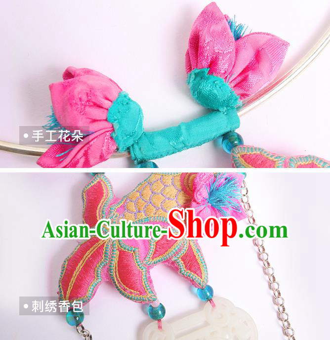 Chinese National Embroidered Pink Goldfish Necklace Miao Ethnic Jade Necklet Pendant Chinese National Embroidered Pink Goldfish Necklace Miao Ethnic Jade Necklet Pendant