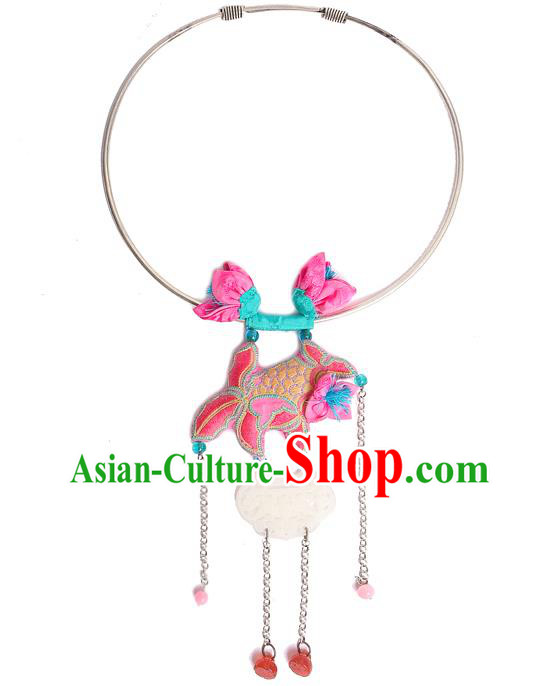 Chinese National Embroidered Pink Goldfish Necklace Miao Ethnic Jade Necklet Pendant Chinese National Embroidered Pink Goldfish Necklace Miao Ethnic Jade Necklet Pendant