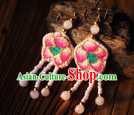 China Traditional Cheongsam Pink Beads Tassel Ear Accessories National Embroidered Earrings China Traditional Cheongsam Pink Beads Tassel Ear Accessories National Embroidered Earrings