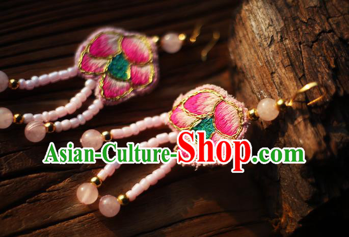 China Traditional Cheongsam Pink Beads Tassel Ear Accessories National Embroidered Earrings China Traditional Cheongsam Pink Beads Tassel Ear Accessories National Embroidered Earrings