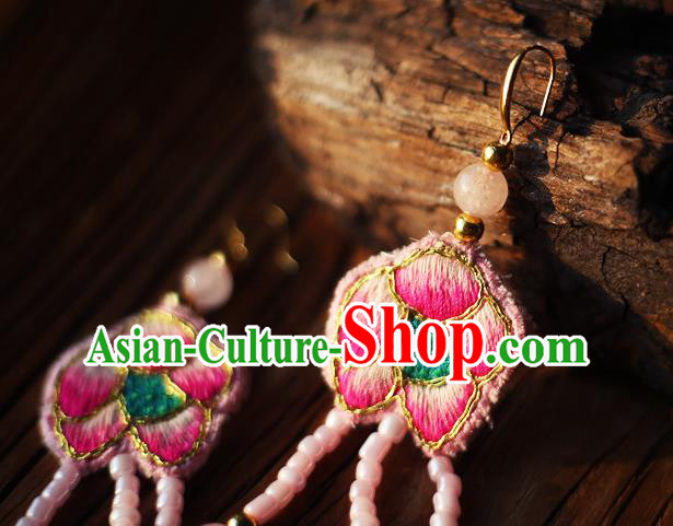 China Traditional Cheongsam Pink Beads Tassel Ear Accessories National Embroidered Earrings China Traditional Cheongsam Pink Beads Tassel Ear Accessories National Embroidered Earrings