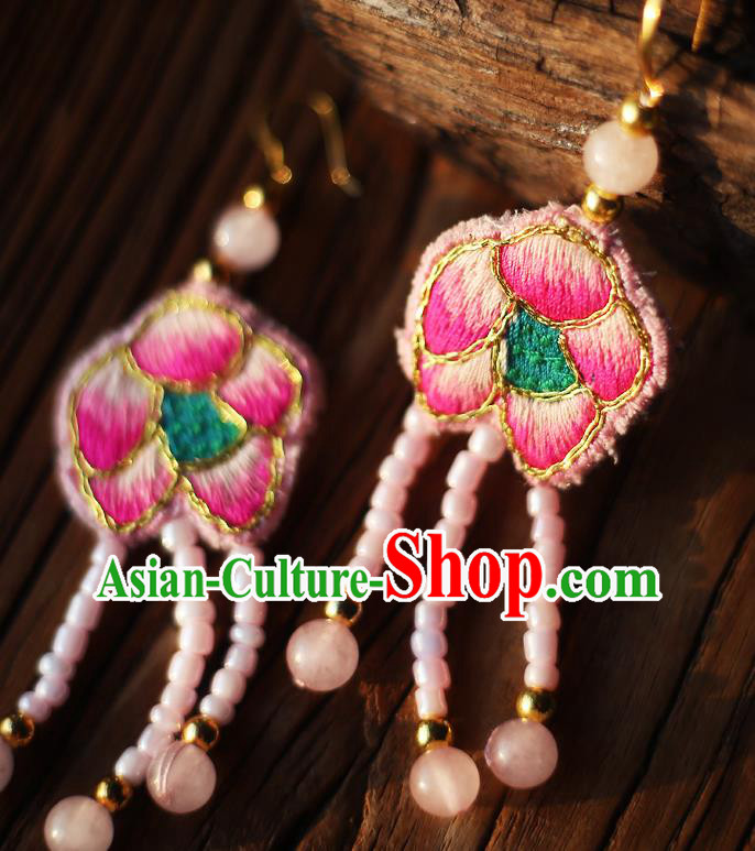 China Traditional Cheongsam Pink Beads Tassel Ear Accessories National Embroidered Earrings China Traditional Cheongsam Pink Beads Tassel Ear Accessories National Embroidered Earrings