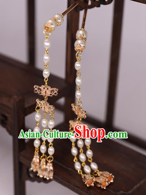 China Ancient Royal Princess Pearls Tassel Hairpin Traditional Ming Dynasty Court Woman Hair Stick