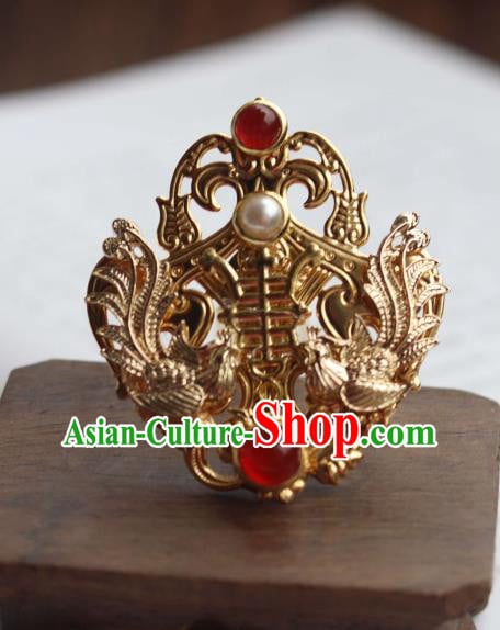 China Ancient Court Woman Pearls Hairpin Traditional Ming Dynasty Empress Golden Phoenix Hair Crown