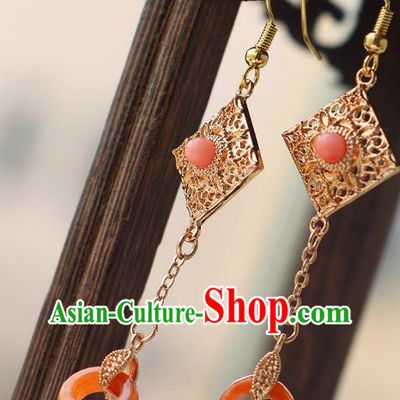 Chinese Traditional Qing Dynasty Court Lady Earrings Ancient Princess Coral Ring Ear Jewelry