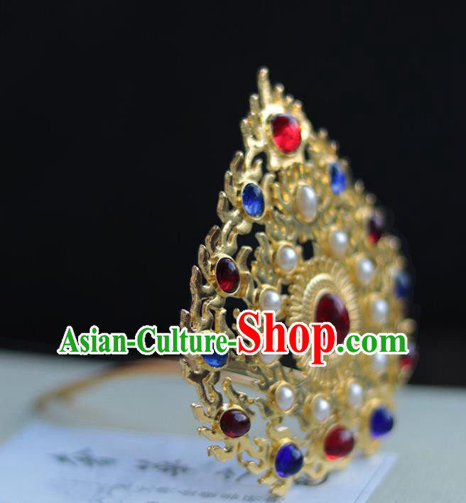 China Ancient Court Woman Golden Hairpin Traditional Ming Dynasty Empress Gems Pearls Hair Crown China Ancient Court Woman Golden Hairpin Traditional Ming Dynasty Empress Gems Pearls Hair Crown