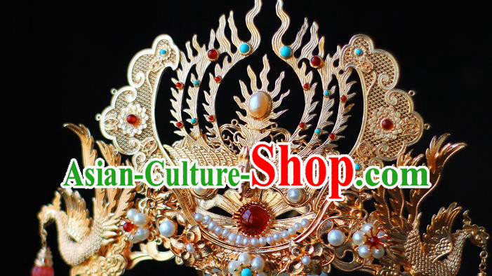 China Ancient Royal Empress Pearls Hairpin Traditional Ming Dynasty Queen Golden Phoenix Hair Crown China Ancient Royal Empress Pearls Hairpin Traditional Ming Dynasty Queen Golden Phoenix Hair Crown