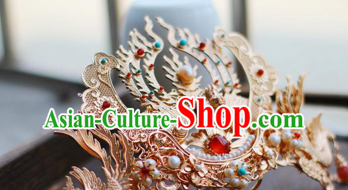 China Ancient Royal Empress Pearls Hairpin Traditional Ming Dynasty Queen Golden Phoenix Hair Crown China Ancient Royal Empress Pearls Hairpin Traditional Ming Dynasty Queen Golden Phoenix Hair Crown