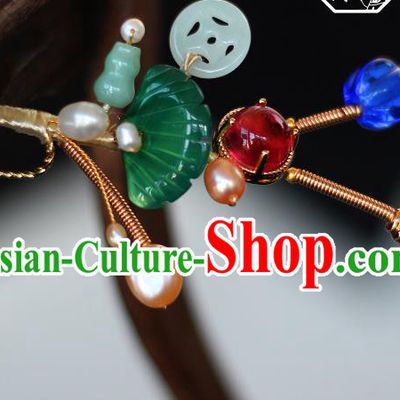 China Ancient Princess Pearls Jade Hairpin Traditional Qing Dynasty Queen Gems Hair Stick