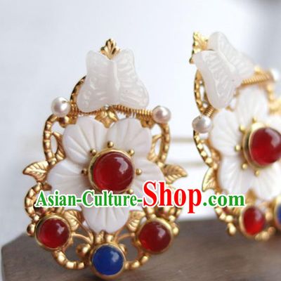 China Ancient Palace Lady Gems Hairpin Traditional Ming Dynasty Princess Jade Butterfly Hair Stick