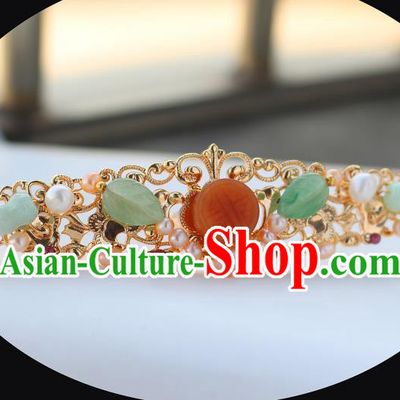 China Ancient Palace Lady Golden Hairpin Traditional Ming Dynasty Princess Agate Pearls Hair Crown