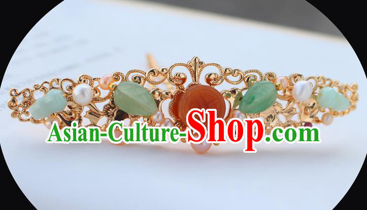 China Ancient Palace Lady Golden Hairpin Traditional Ming Dynasty Princess Agate Pearls Hair Crown China Ancient Palace Lady Golden Hairpin Traditional Ming Dynasty Princess Agate Pearls Hair Crown