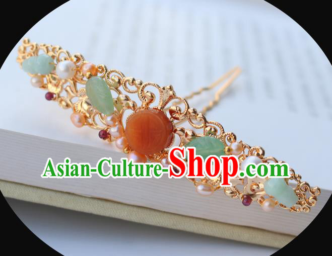 China Ancient Palace Lady Golden Hairpin Traditional Ming Dynasty Princess Agate Pearls Hair Crown China Ancient Palace Lady Golden Hairpin Traditional Ming Dynasty Princess Agate Pearls Hair Crown