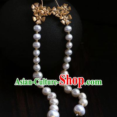 Chinese Traditional Song Dynasty Court Woman Earrings Ancient Imperial Concubine Pearls Tassel Ear Jewelry