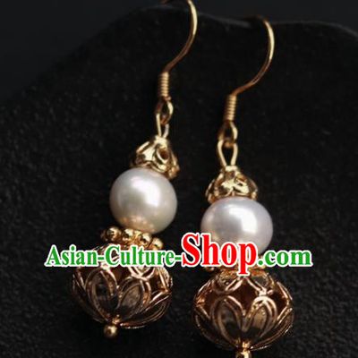 Chinese Traditional Ming Dynasty Court Empress Earrings Ancient Queen Golden Gourd Ear Jewelry