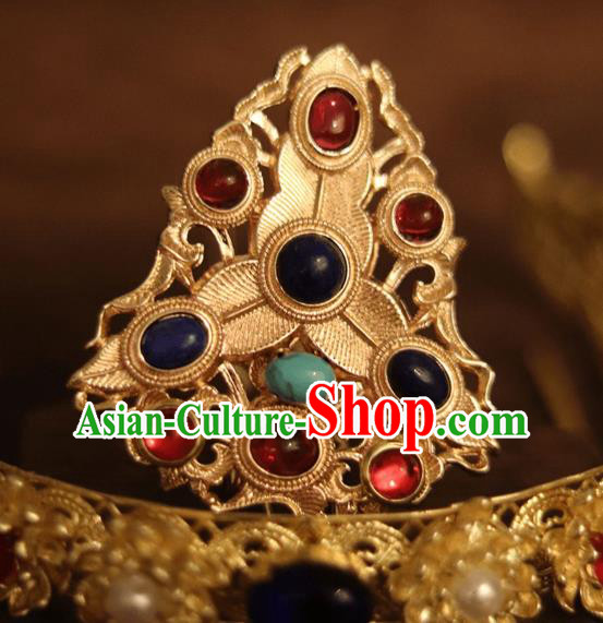 China Ancient Queen Golden Hairpin Traditional Ming Dynasty Empress Gems Hair Crown China Ancient Queen Golden Hairpin Traditional Ming Dynasty Empress Gems Hair Crown