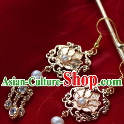Chinese Traditional Qing Dynasty Queen Golden Earrings Ancient Empress Crystal Tassel Ear Jewelry