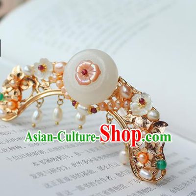 China Ancient Princess Jade Peace Buckle Hairpin Traditional Ming Dynasty Noble Lady Pearls Hair Crown