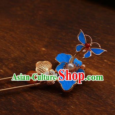 China Ancient Imperial Concubine Hairpin Traditional Qing Dynasty Court Woman Blue Butterfly Hair Stick