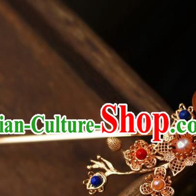 China Ancient Imperial Concubine Agate Pearls Hairpin Traditional Ming Dynasty Golden Plum Blossom Hair Stick