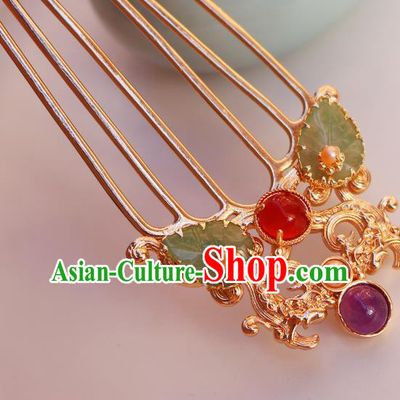 China Ancient Princess Jade Leaf Hairpin Traditional Tang Dynasty Golden Hair Comb