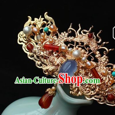 China Ancient Court Lady Agate Tassel Hairpin Traditional Ming Dynasty Imperial Concubine Golden Hair Crown