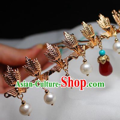 China Ancient Royal Empress Pearls Tassel Hairpin Traditional Ming Dynasty Noble Woman Golden Phoenix Hair Crown
