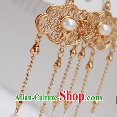 Chinese Traditional Cheongsam Red Beads Tassel Earrings Ancient Palace Lady Golden Ear Jewelry