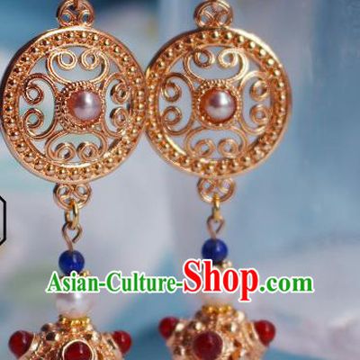 Chinese Traditional Cheongsam Garnet Earrings Ancient Qing Dynasty Palace Lady Ear Jewelry