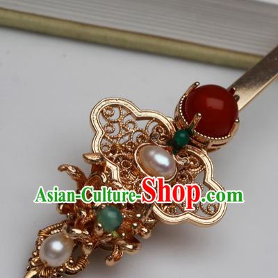China Ancient Imperial Concubine Agate Hairpin Traditional Ming Dynasty Court Woman Golden Chrysanthemum Hair Stick