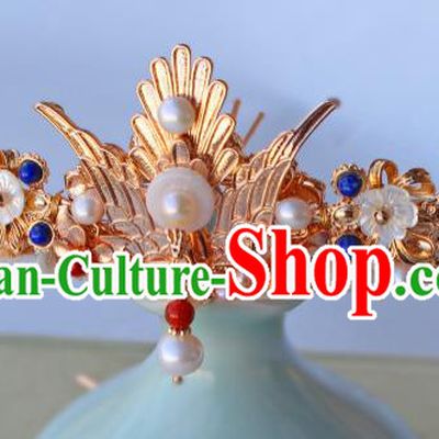 China Ancient Court Woman Golden Phoenix Hairpin Traditional Ming Dynasty Empress Pearls Hair Crown