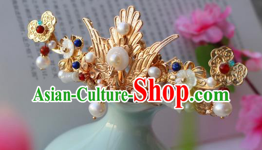 China Ancient Court Woman Golden Phoenix Hairpin Traditional Ming Dynasty Empress Pearls Hair Crown China Ancient Court Woman Golden Phoenix Hairpin Traditional Ming Dynasty Empress Pearls Hair Crown