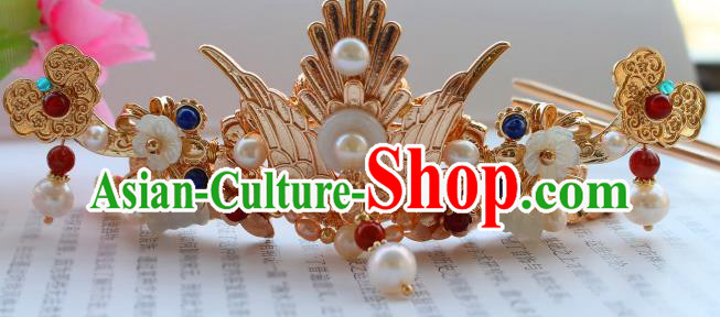 China Ancient Court Woman Golden Phoenix Hairpin Traditional Ming Dynasty Empress Pearls Hair Crown China Ancient Court Woman Golden Phoenix Hairpin Traditional Ming Dynasty Empress Pearls Hair Crown