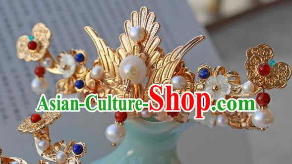China Ancient Court Woman Golden Phoenix Hairpin Traditional Ming Dynasty Empress Pearls Hair Crown China Ancient Court Woman Golden Phoenix Hairpin Traditional Ming Dynasty Empress Pearls Hair Crown