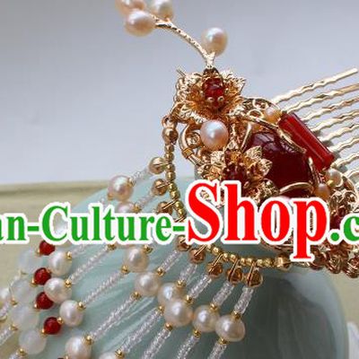 China Ancient Court Woman Agate Hairpin Hair Jewelry Traditional Ming Dynasty Empress Pearls Tassel Hair Comb