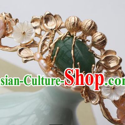 China Ancient Noble Woman Golden Hairpin Traditional Ming Dynasty Princess Pearls Jade Hair Crown
