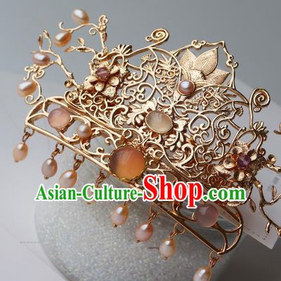 China Ancient Court Empress Pearls Headwear Traditional Tang Dynasty Queen Golden Lotus Hair Crown