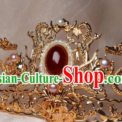 China Ancient Empress Pearls Headdress Hairpin Traditional Ming Dynasty Queen Golden Dragon Hair Crown