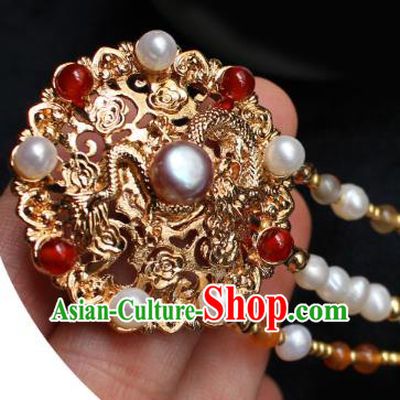 China Ancient Empress Pearls Tassel Hairpin Traditional Ming Dynasty Queen Golden Dragon Hair Stick