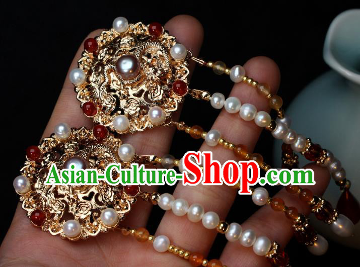 China Ancient Empress Pearls Tassel Hairpin Traditional Ming Dynasty Queen Golden Dragon Hair Stick China Ancient Empress Pearls Tassel Hairpin Traditional Ming Dynasty Queen Golden Dragon Hair Stick