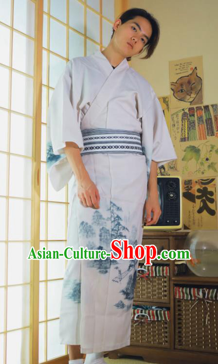 Japanese Male Clothing Asian Japan Traditional Ink Painting Landscape Yukata Robe