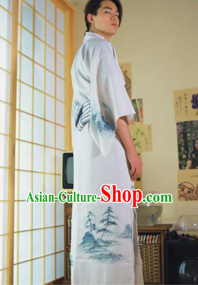 Japanese Male Clothing Asian Japan Traditional Ink Painting Landscape Yukata Robe