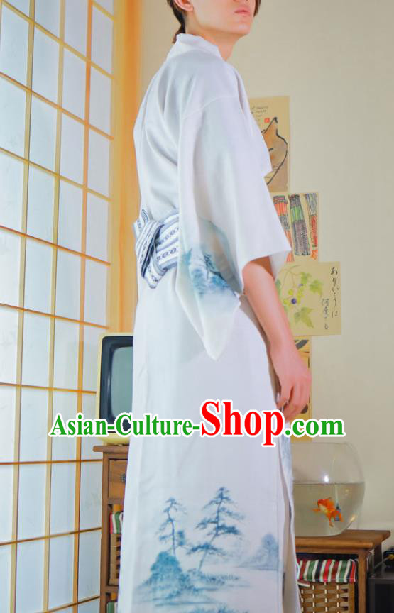 Japanese Male Clothing Asian Japan Traditional Ink Painting Landscape Yukata Robe