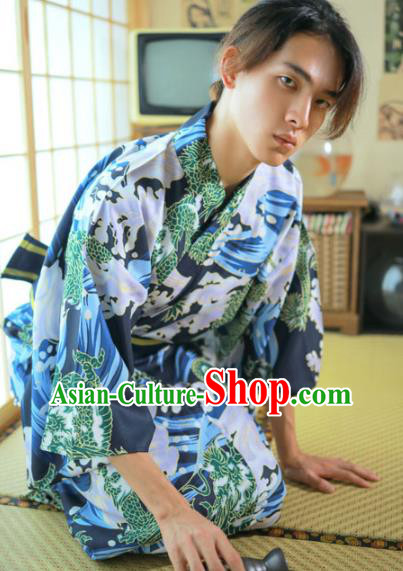 Asian Japan Traditional Printing Waves Navy Yukata Robe Japanese Male Clothing Asian Japan Traditional Printing Waves Navy Yukata Robe Japanese Male Clothing