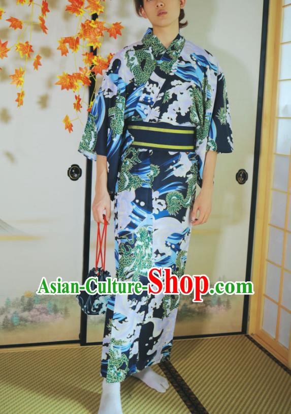 Asian Japan Traditional Printing Waves Navy Yukata Robe Japanese Male Clothing Asian Japan Traditional Printing Waves Navy Yukata Robe Japanese Male Clothing