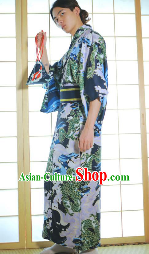 Asian Japan Traditional Printing Waves Navy Yukata Robe Japanese Male Clothing Asian Japan Traditional Printing Waves Navy Yukata Robe Japanese Male Clothing