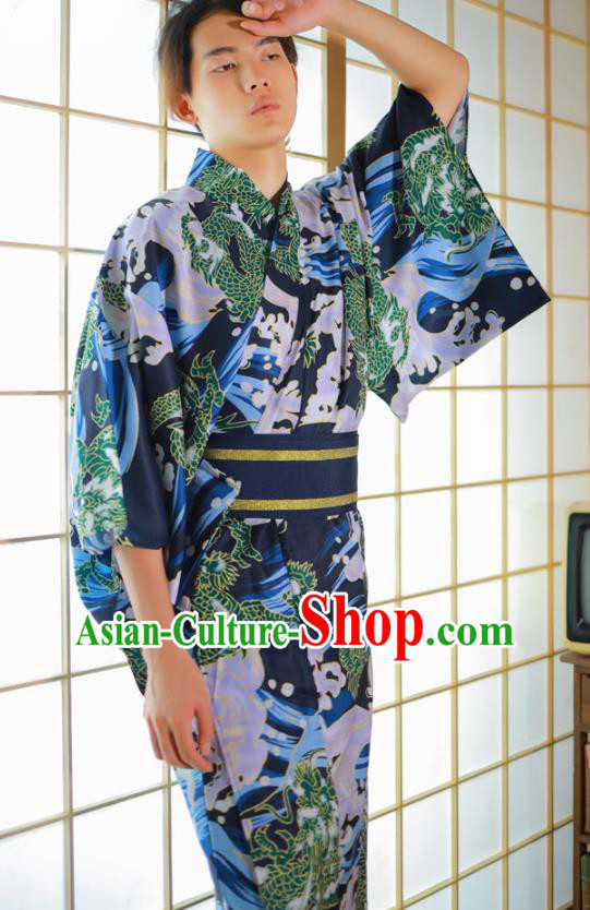 Asian Japan Traditional Printing Waves Navy Yukata Robe Japanese Male Clothing Asian Japan Traditional Printing Waves Navy Yukata Robe Japanese Male Clothing